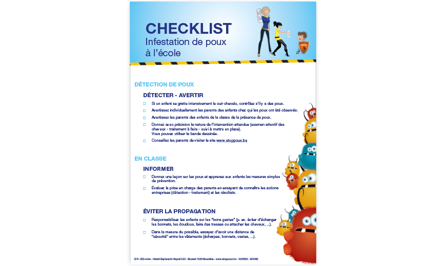 Cette liste de contrôle pratique pour les enseignants et les accompagnateurs d'élèves aide à garder une vue d'ensemble pendant l'alerte aux poux.