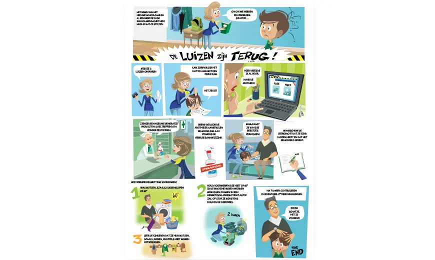Dit stripverhaal laat op een ludieke manier zien wat je als ouder moet doen als er luizenalarm op school is.