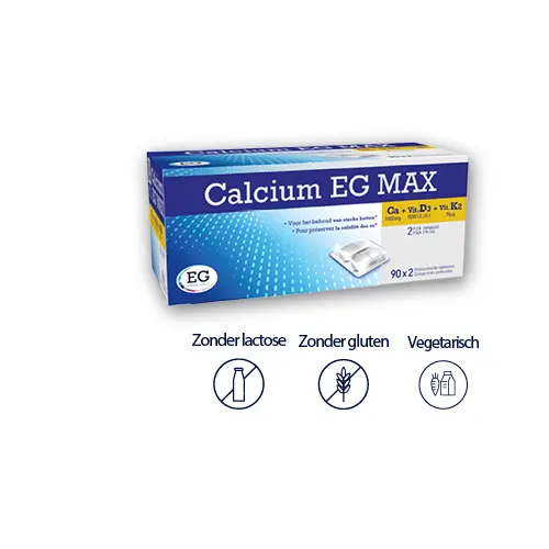 Calcium EG MAX ondersteunt het behoud van sterke botten en tanden en een normale werking van de spieren voor wie daar in een bepaalde levensfase extra nood aan heeft. 