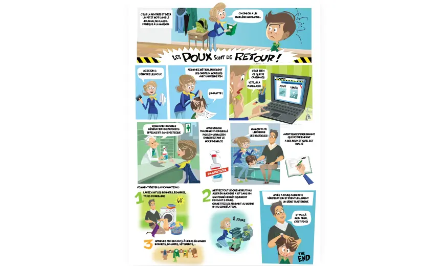 Cette bande dessinée montre de manière ludique ce qu'il faut faire en tant que parent lorsqu’il y a une alerte aux poux à l'école.