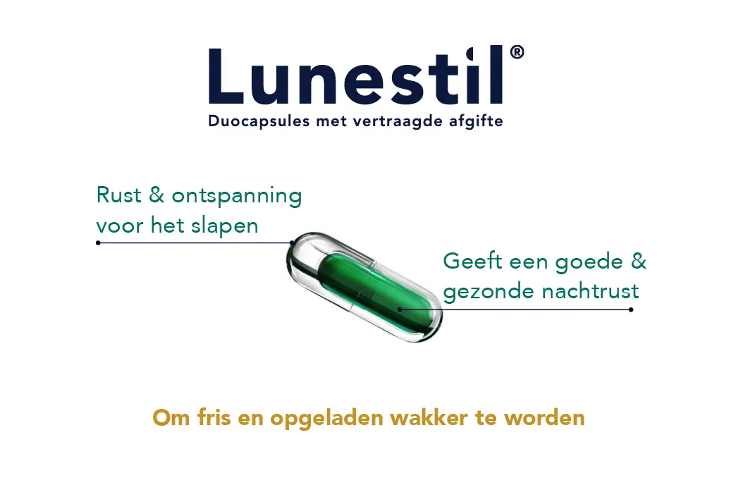 Lunestil bevat krachtige ingrediënten, lavendel, passiebloemextract, vitamine B6 en melatonine, die een goede nachtrust garanderen. Lunestil bevat vier krachtige ingrediënten, lavendel, passiebloemextract, vitamine B6 en melatonine, die een goede nachtrust garanderen.